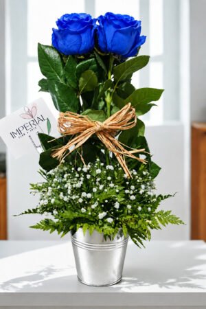 Arreglo floral de cinco rosas azules con gypsophila, follaje natural y lazo decorativo en base elegante.