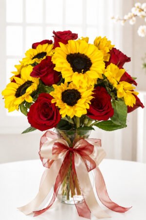 Arreglo floral redondo con diez rosas rojas y diez girasoles en florero de vidrio decorativo, ideal para cumpleaños, aniversarios y celebraciones especiales.