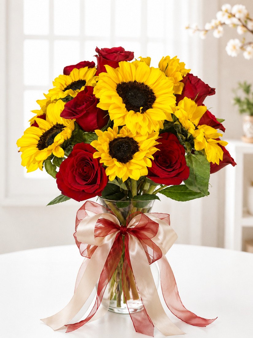 Arreglo floral redondo con diez rosas rojas y diez girasoles en florero de vidrio decorativo, ideal para cumpleaños, aniversarios y celebraciones especiales.