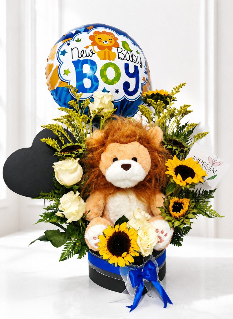 Arreglo de Nacimiento León Premium con Girasoles y Rosas Blancas