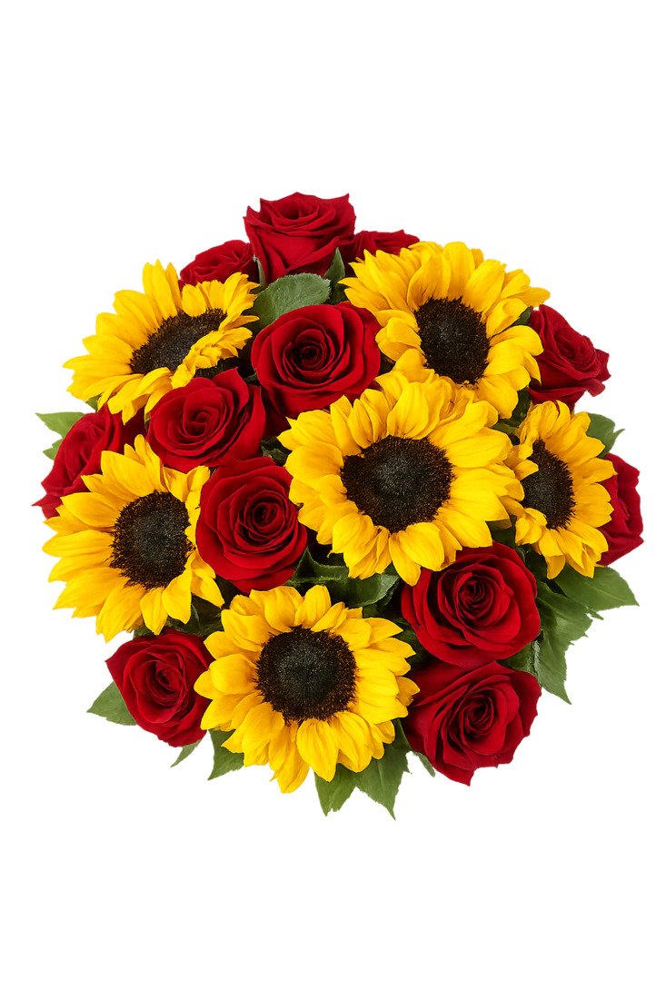 Arreglo floral redondo con diez rosas rojas y diez girasoles en florero de vidrio decorativo, ideal para cumpleaños, aniversarios y celebraciones especiales.