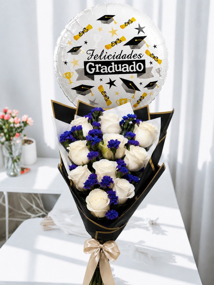 Ramo de graduación con 10 rosas blancas, statice azul, envoltura de papel coreano negro y globo de felicitaciones para graduado.