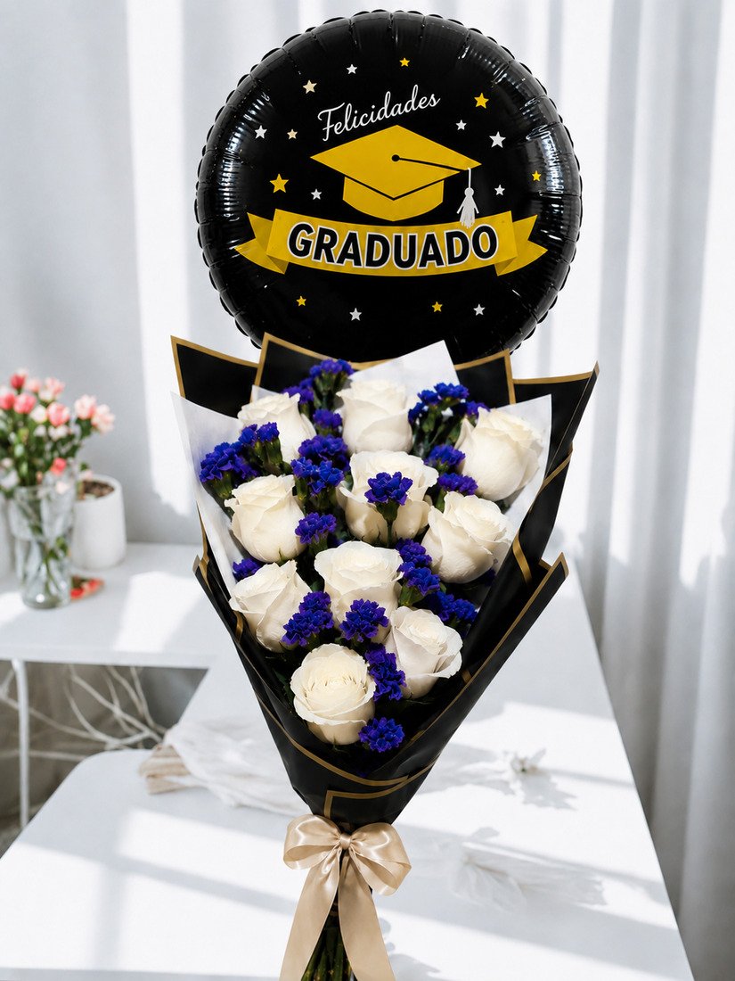 Ramo de graduación con 10 rosas blancas, statice azul, envoltura de papel coreano negro y globo de felicitaciones para graduado.