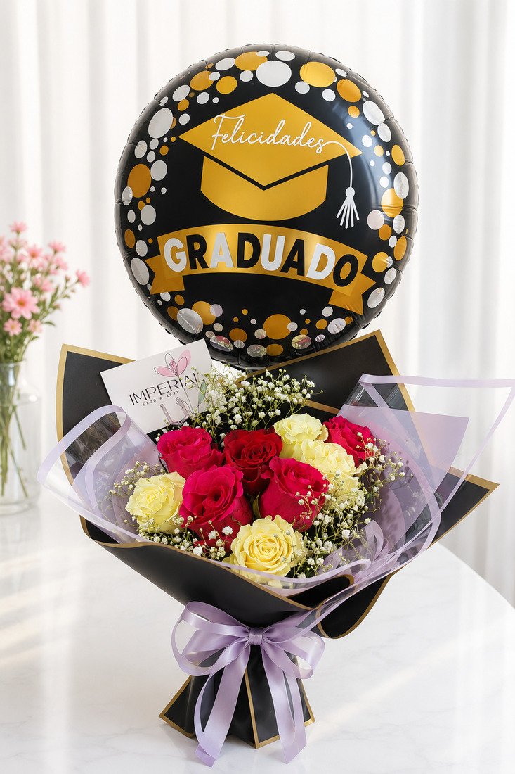 Ramo de graduación con 9 rosas combinadas, gypsophilia, papel coreano premium y globo metálico de felicitaciones para graduado.