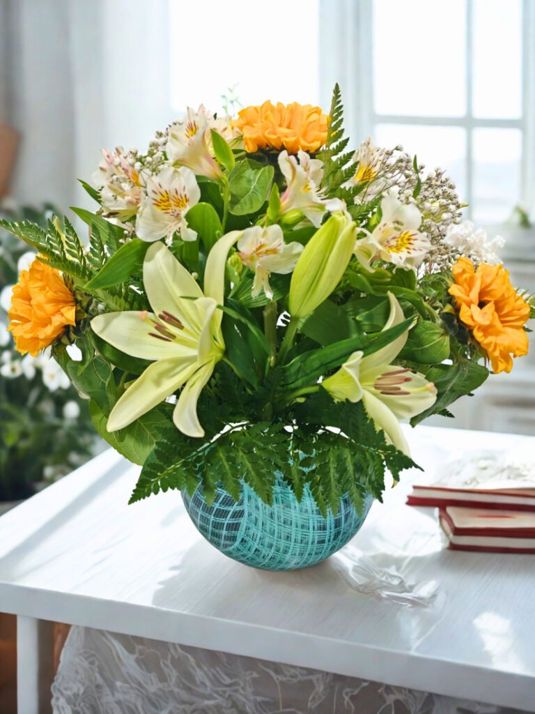 Pecera de lirios y girasoles con flores frescas en tonos amarillos y blancos