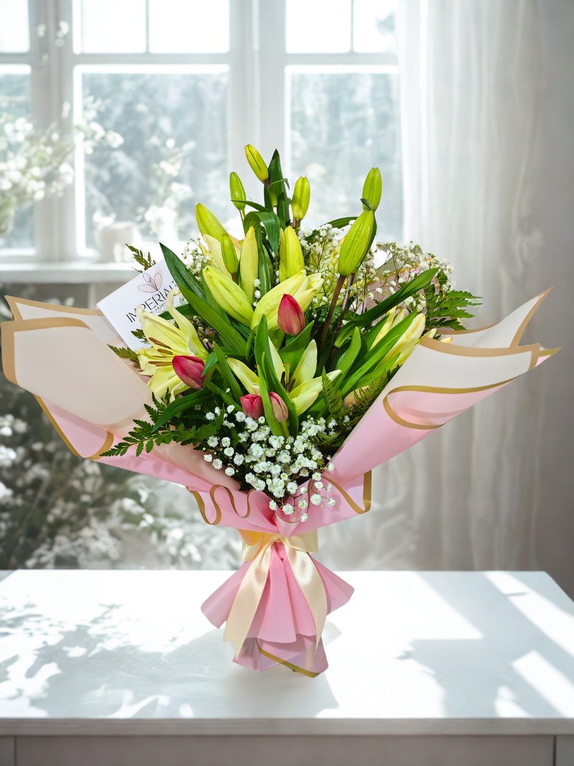 Romance en Flor – Ramo de Lirios y Tulipanes